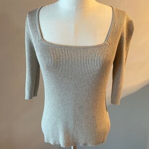 NWT juniors square neck metallic shimmer champagne beige sweater 1/2 sleeve L